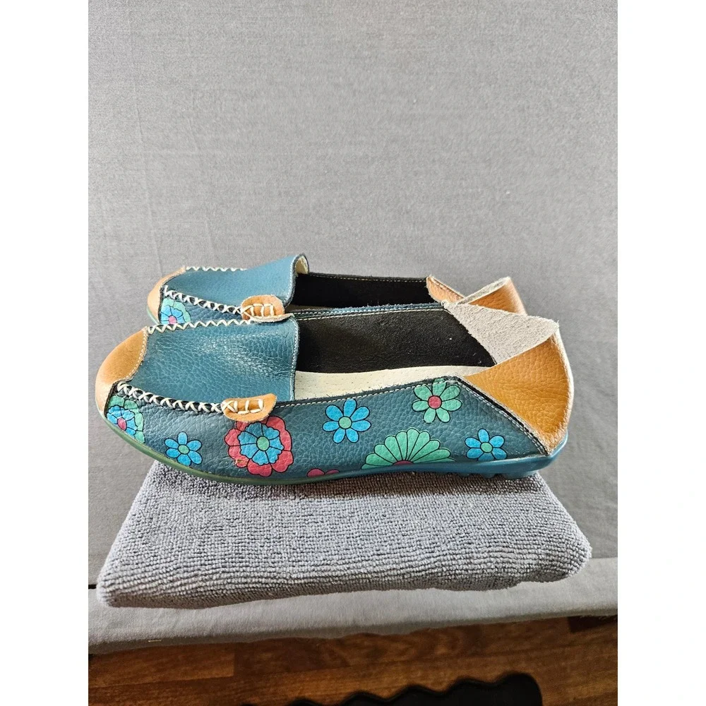 Hand Painted Floral Leather Loafers Teal Boho Flats Size 40 (sku 132)
